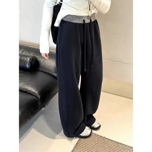 加绒加厚拼色弯刀裤休闲裤女2025春季新款高腰两穿香蕉裤阔腿长裤