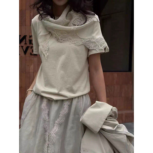 深圳南油高端女装欧洲站春款2026新款女装拼蕾丝披肩短袖T恤