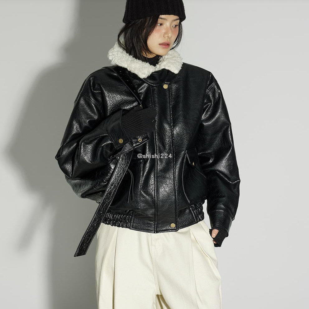 韩国直邮DINT正品代购侧袋拉链按扣配色毛绒领皮革夹克外套