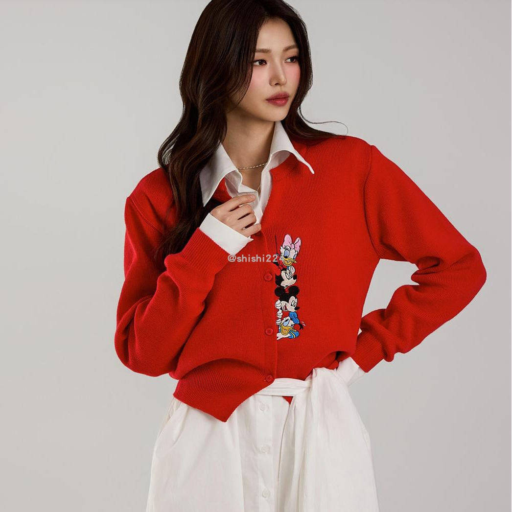 韩国直邮DINT正品代购刺绣卡通图案点缀长袖V领针织开衫外套