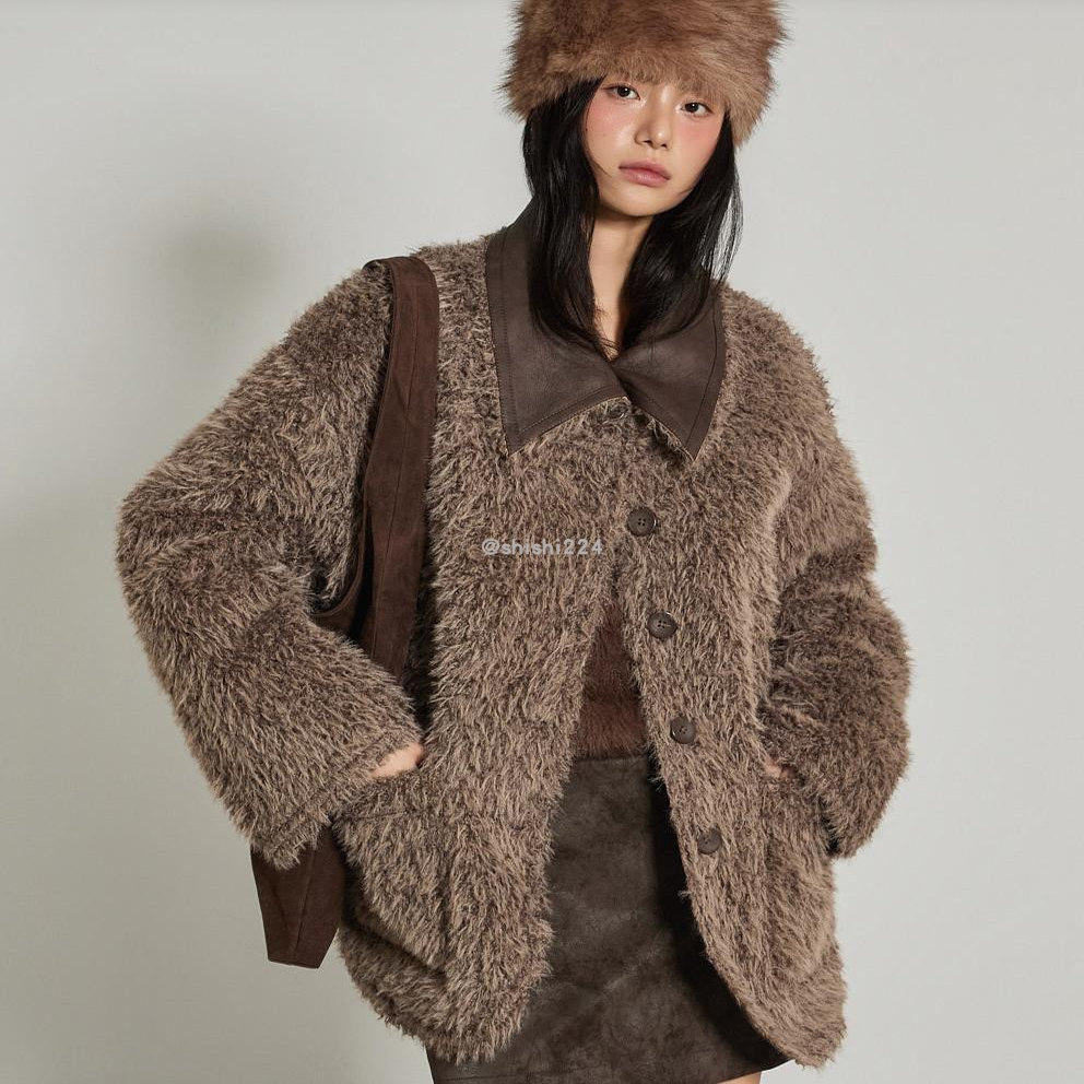 韩国直邮DINT正品代购两侧袋翻领绒面革毛绒两面穿夹克外套