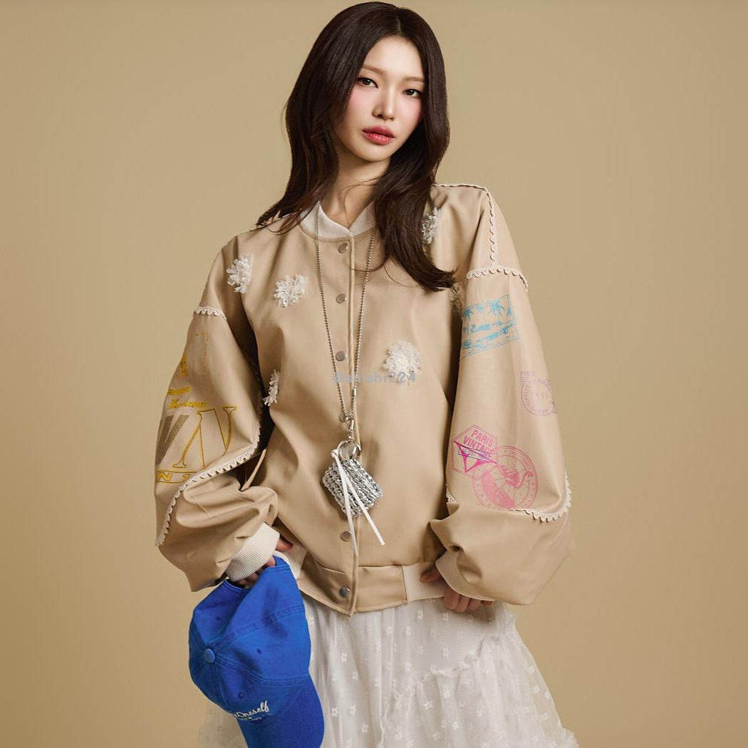 韩国直邮DINT正品代购蕾丝花朵印章图案棒球领皮革夹克外套