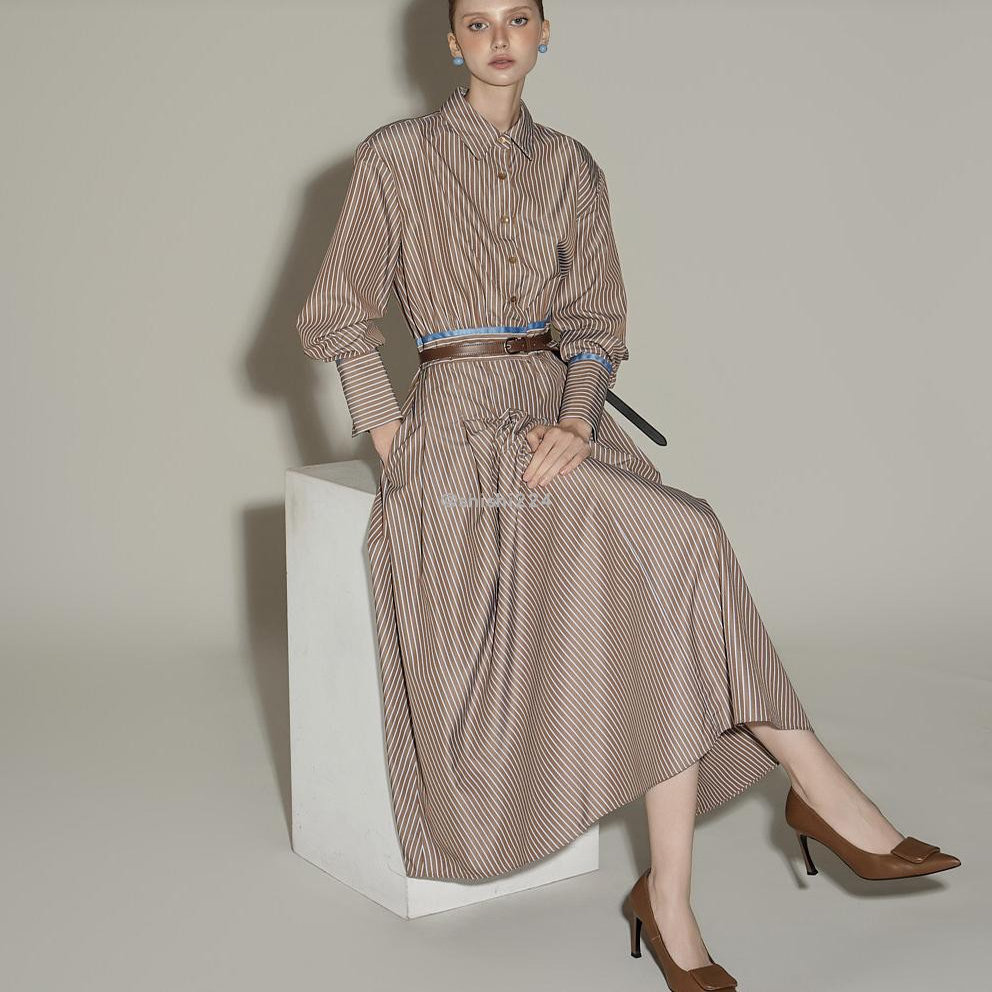 韩国直邮DINT正品代购配色腰松紧细褶长袖条纹衬衫长连衣裙