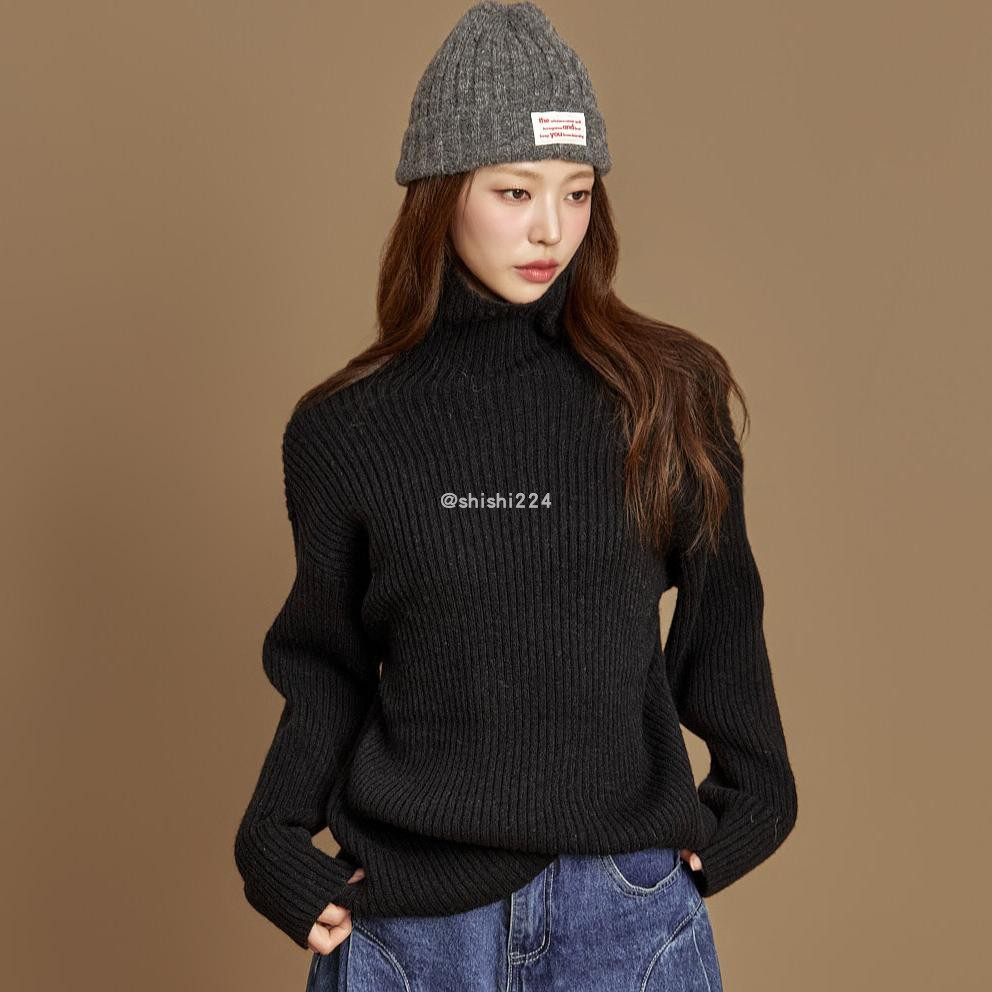 韩国直邮DINT正品代购简约百搭竖纹编织高领套头长袖针织衫