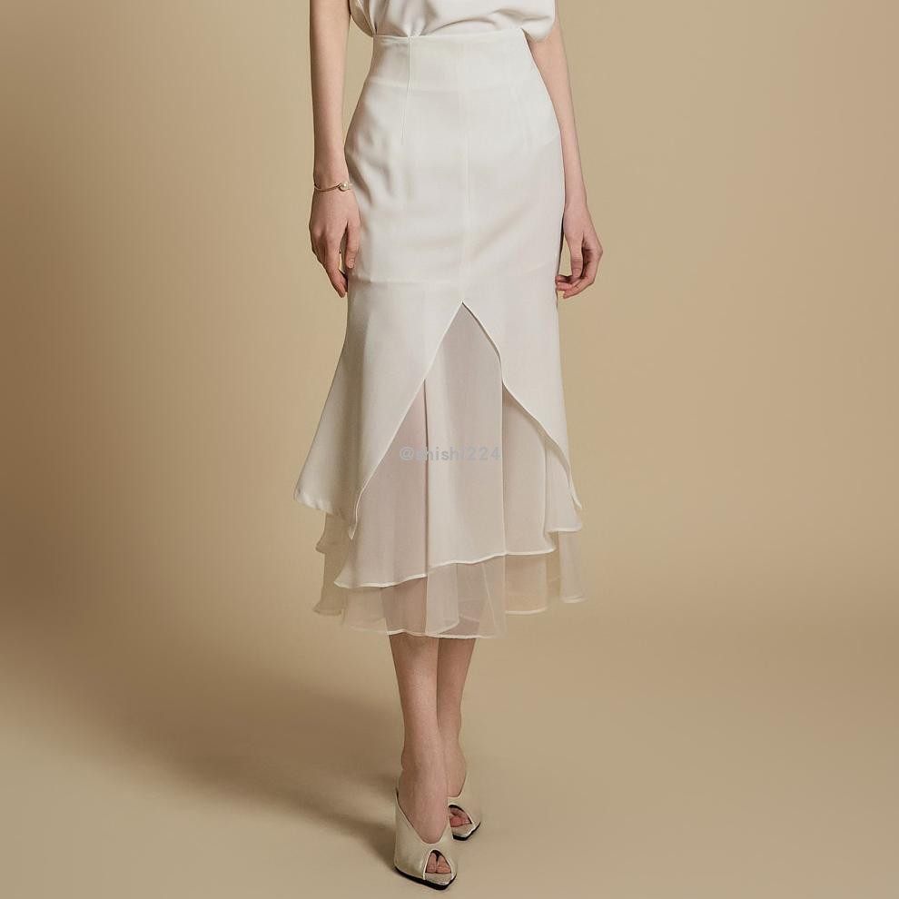 韩国直邮DINT正品代购高腰包臀前开叉层叠式透视点缀半身裙