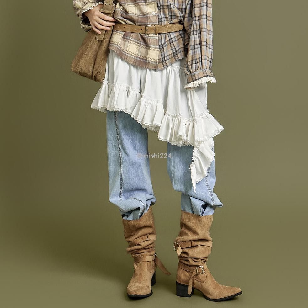 韩国直邮DINT正品代购不规则摆松紧腰蕾丝荷叶边迷你半身裙