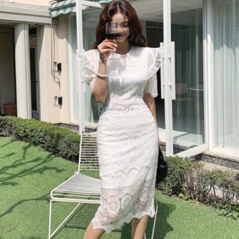 韩国官网代购春夏明艳女神性婚宴欧根纱大翻领修身钩花蕾丝连衣裙
