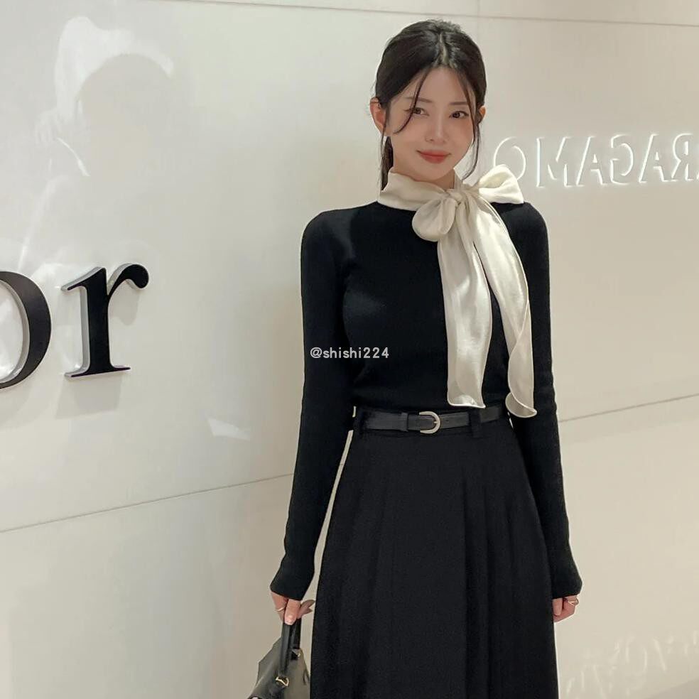 韩国官网代购秋款半糖主义甜美拼色雪纺系带蝴蝶结领修身款针织衫