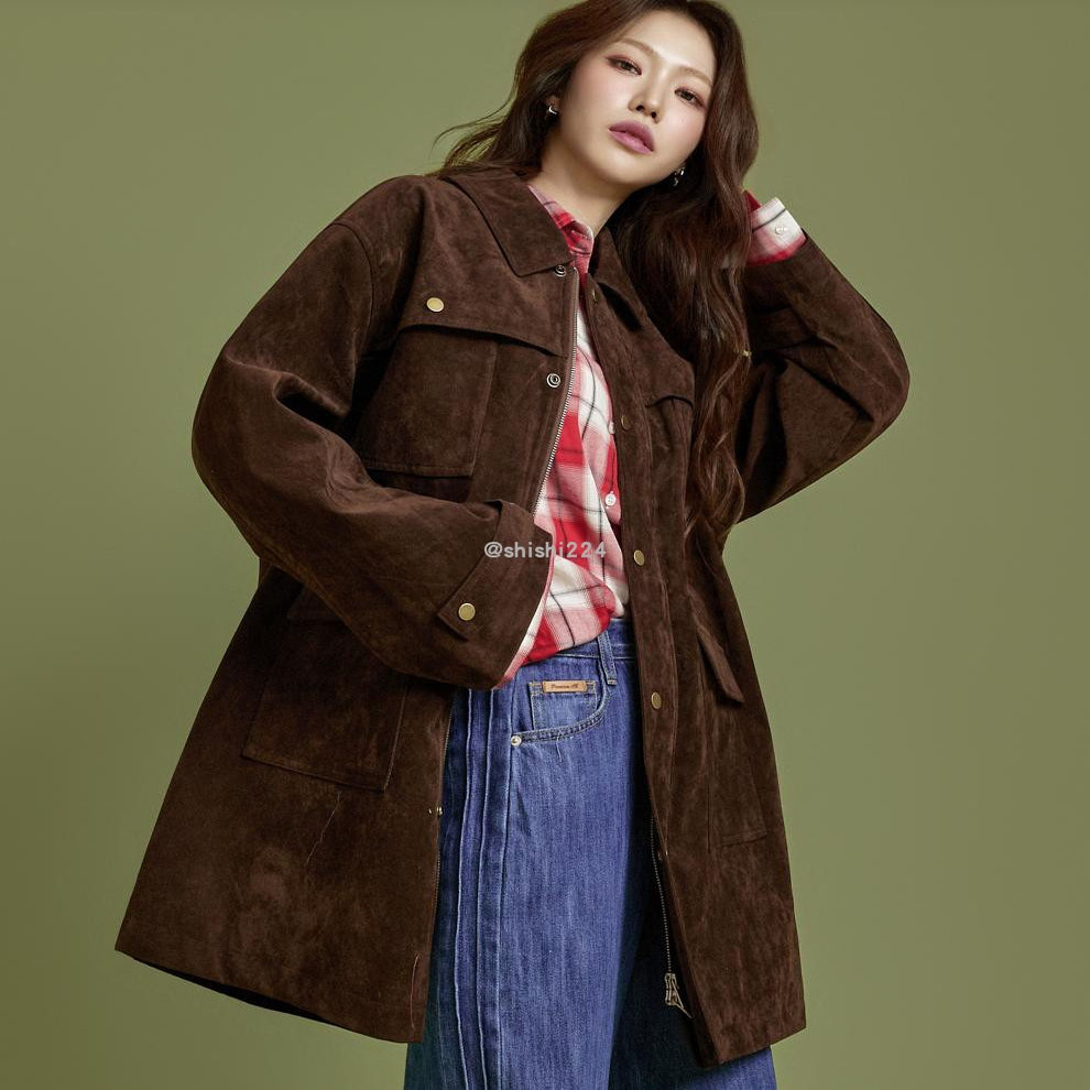 韩国直邮DINT正品代购拉链系扣4个袋翻领宽松绒面革夹克外套