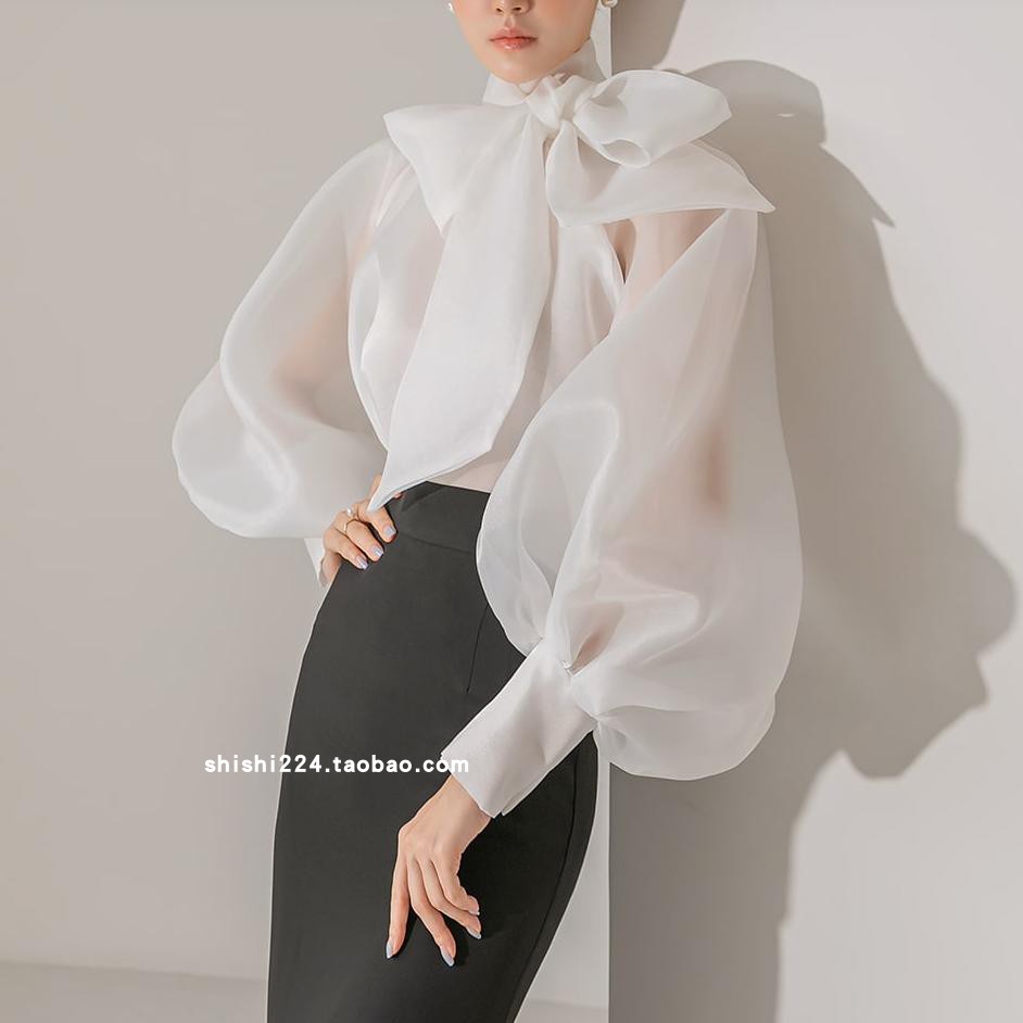 韩国直邮DINT正品代购时尚雅致女人味透明纱高领系围巾衬衫