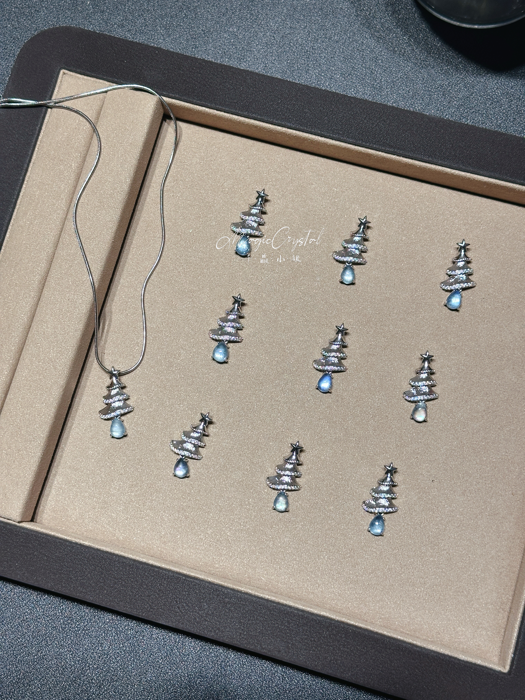 圣诞之心•天然海蓝宝银色圣诞树水滴项链吊坠锆石拉丝毛衣链女