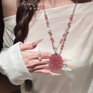 天然粉水晶草莓晶紫水晶白水黄水晶狐牌毛衣链吊坠项链 许愿狐