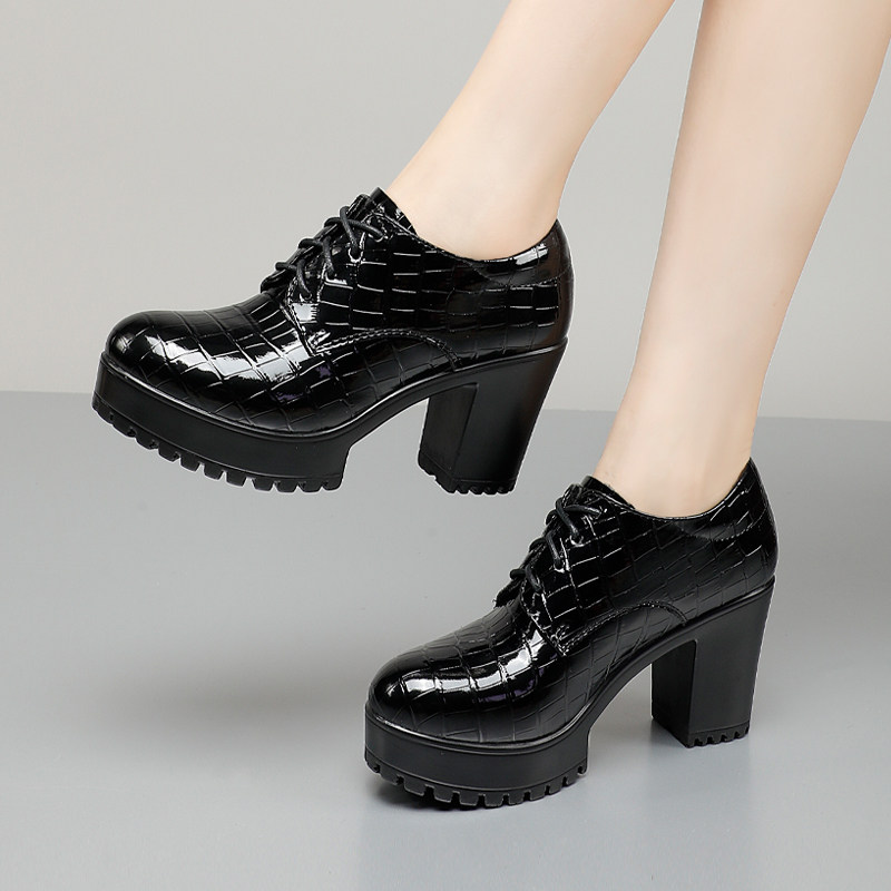高跟鞋秋冬女粗跟2025新款鳄鱼纹花皮系带单鞋防水台大码深口皮鞋,女鞋,深口单鞋,淘宝优惠券,粉丝福利购,淘宝优惠卷