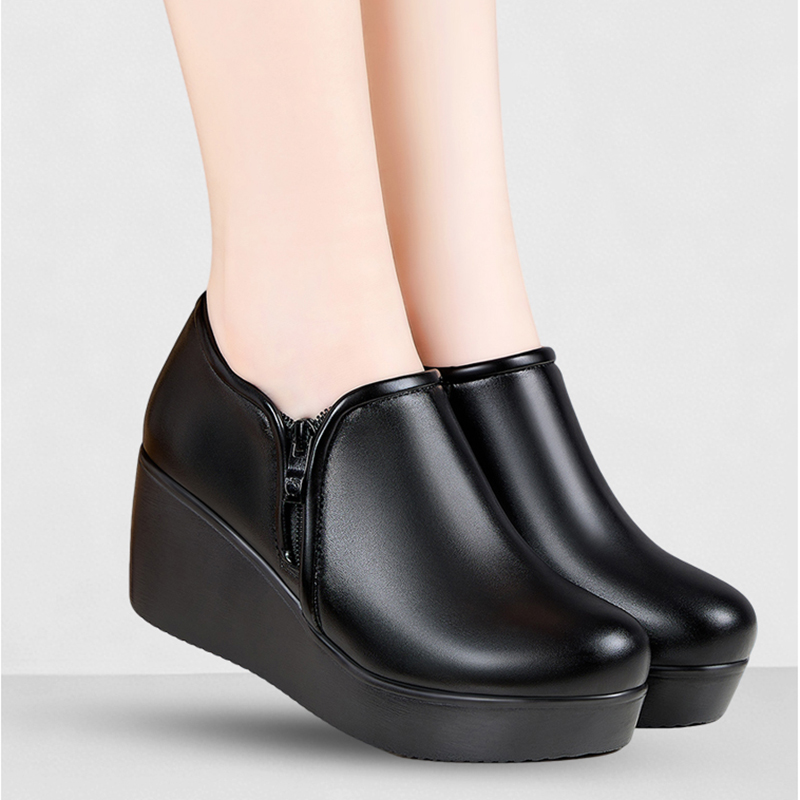 坡跟单鞋女松糕厚底圆头防水台深口皮鞋中老年侧拉链加绒妈妈鞋子