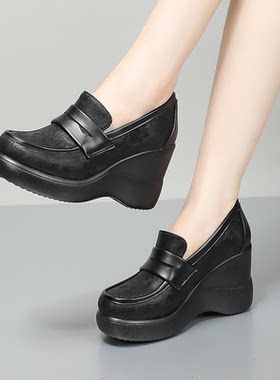 坡跟厚底女单鞋绒里高跟鞋圆头女士小皮鞋小个子百搭休闲牛皮女鞋