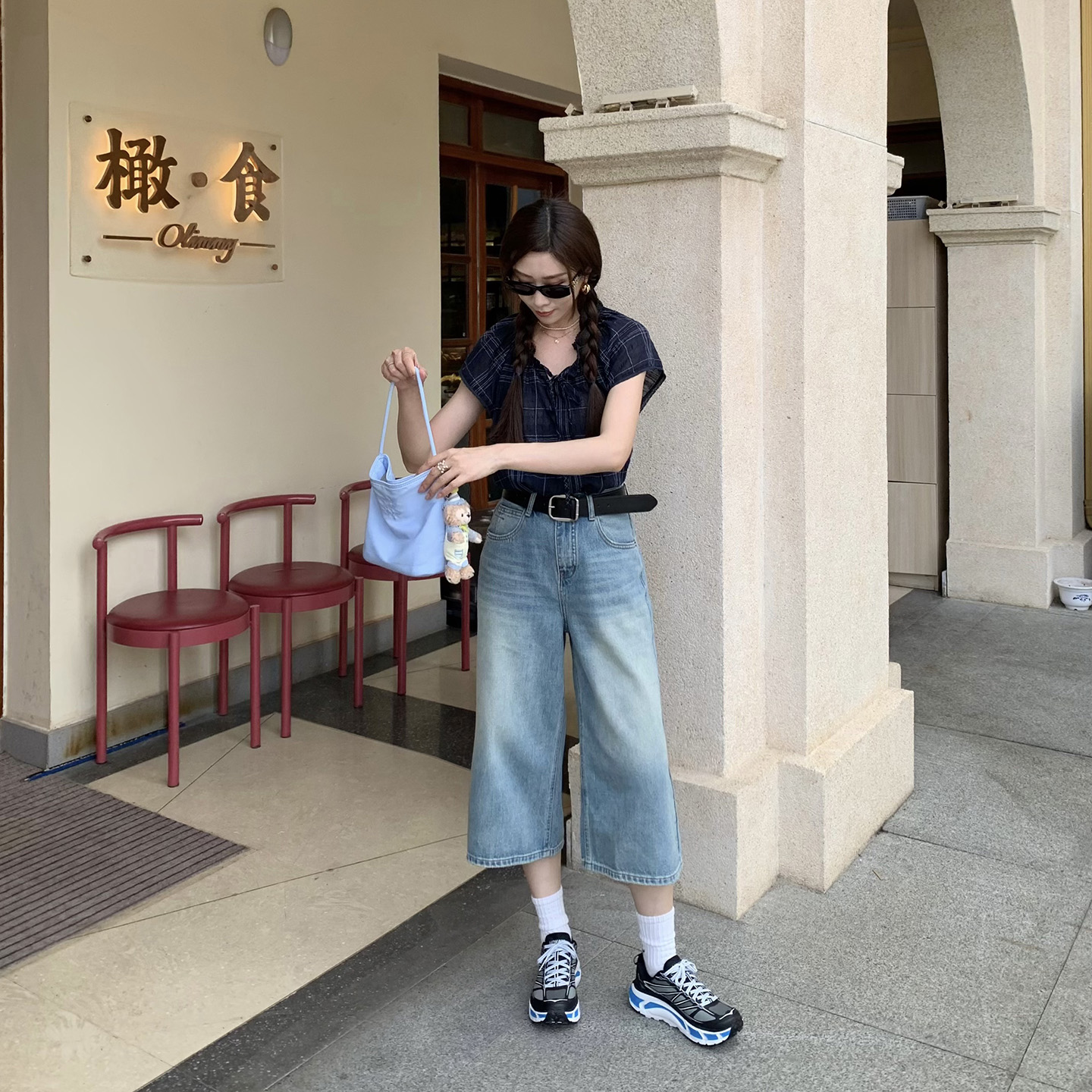 STUDIOMCC 复古水洗做旧牛仔裤2025夏季女慵懒直筒阔腿七分中长裤