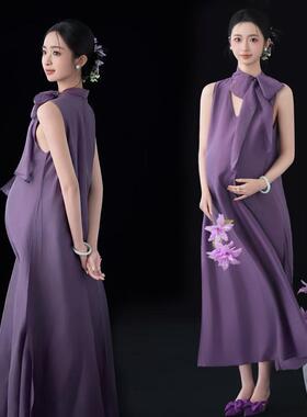 影楼新款简约风唯美孕妇拍照服装纯欲高级感紫色连衣裙孕妈写真