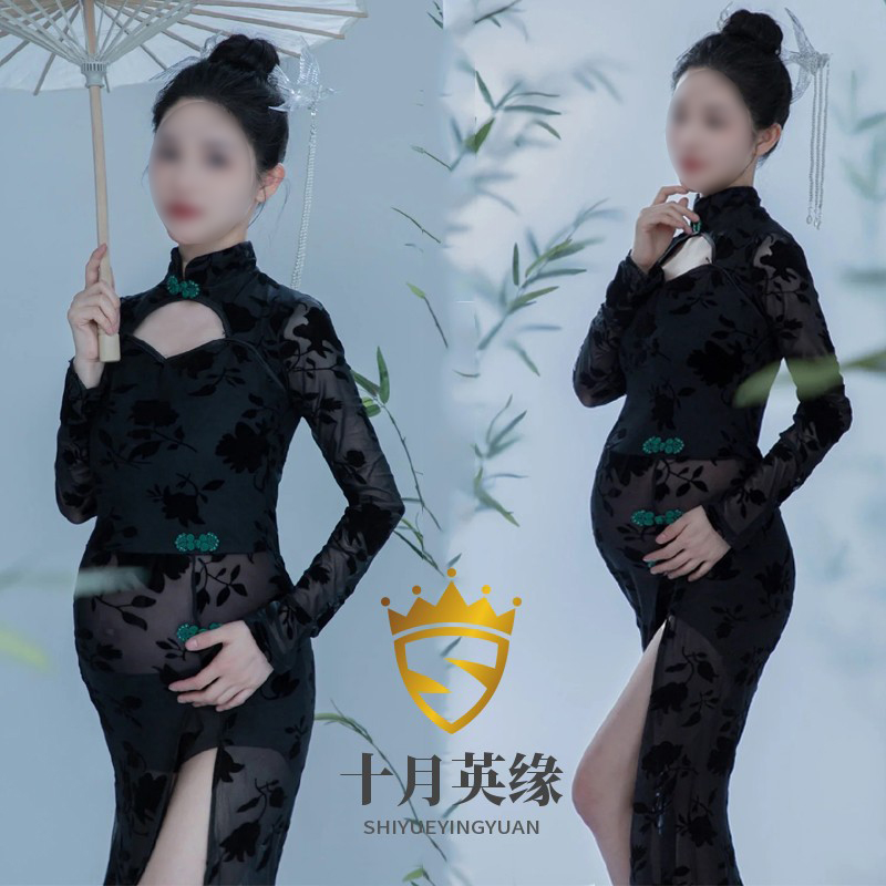 孕妇拍照服装影楼中国风中式复古蕾丝绒旗袍大肚孕妈写真衣服