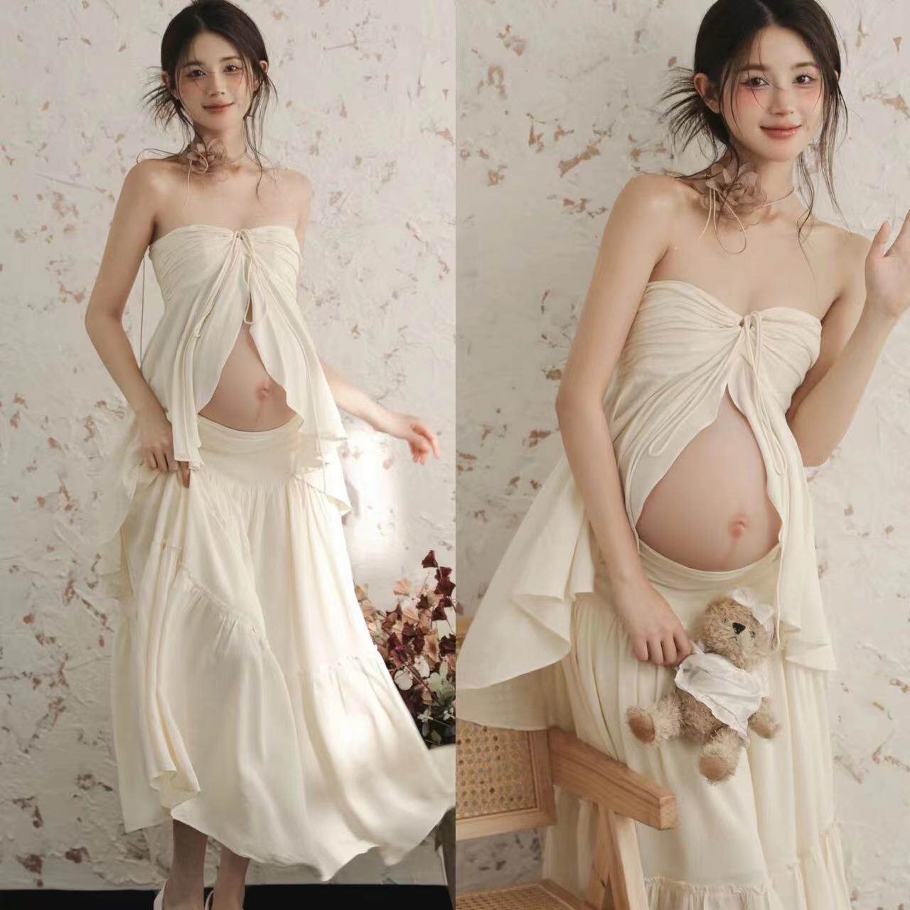 새로운 사진 스튜디오 출산 사진 의류 꽃 방 작은 신선한 드레스 순수한 욕망 임신 엄마 큰 배꼽 사진 옷 집에서