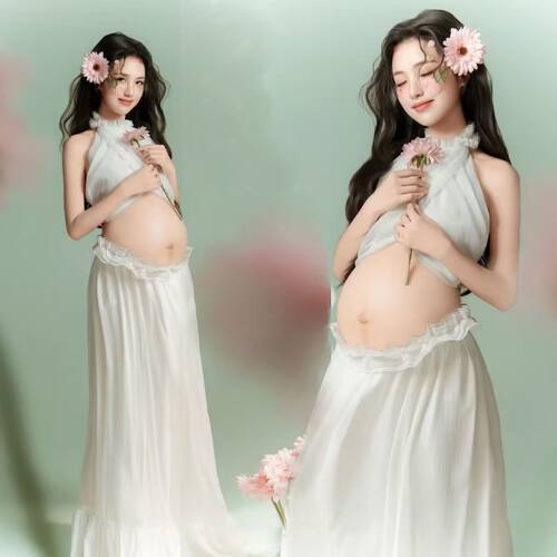 孕妇摄影服装白色挂脖无袖上衣荷叶边长裙清新甜美孕妇写真摄影服