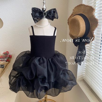 女童赫本风小黑裙夏装高级感公主裙礼服韩版洋气蓬蓬裙网红亲子装