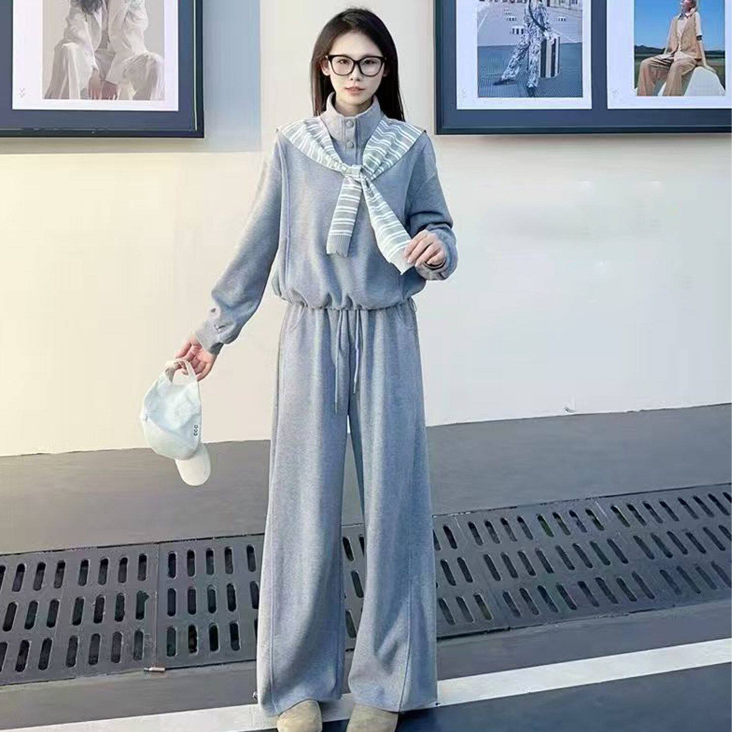 休闲运动套装女2026春季新款条纹披肩卫衣阔腿裤时尚显瘦两件套裤