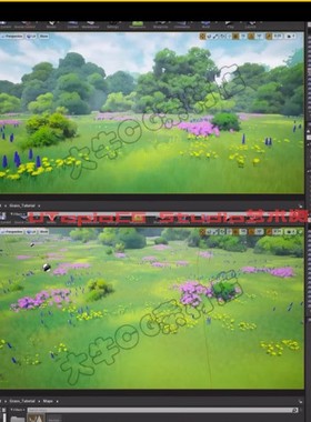 UE4虚幻5卡通灌木丛林风格化密林日系二次元小花草地远景树林场景