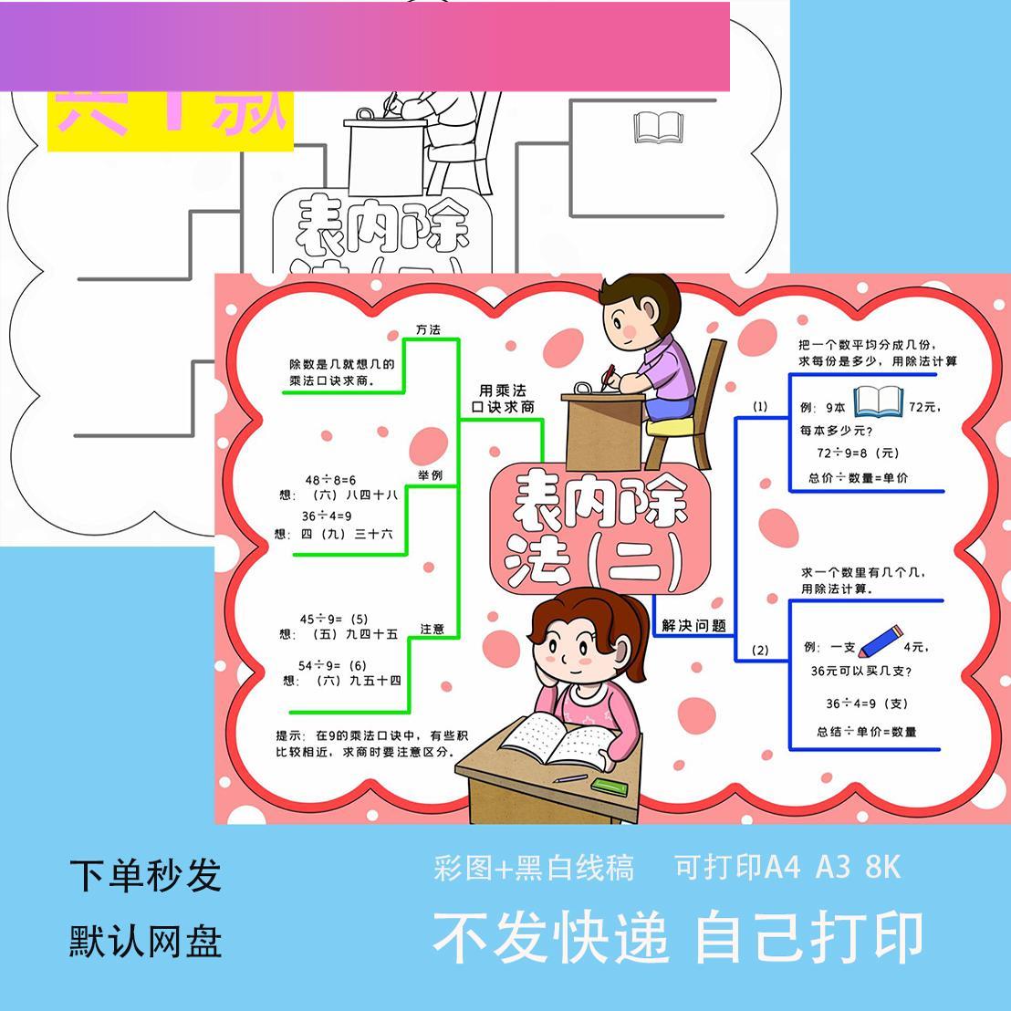 电子版人教版小学生数学二年级下册表内除法手抄报模板黑白线稿思