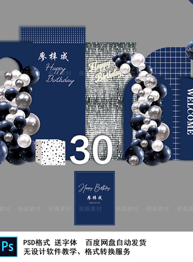蓝色银色成人礼成人生日十八岁男孩生日气球派对kt板背景素材设计