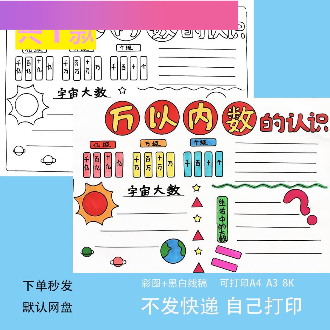 电子版万以内数的认识数学小报手抄报电子模板黑白半成品涂色线稿