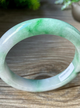 老坑a货翡翠手镯白底青阳绿飘花58正圈带证书天然缅甸玉镯子0502