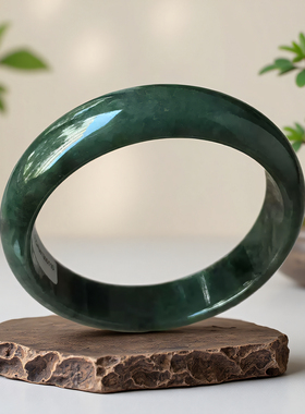 老坑a货翡翠手镯57mm油青绿色宽版正圈带证书天然缅甸玉镯子0110