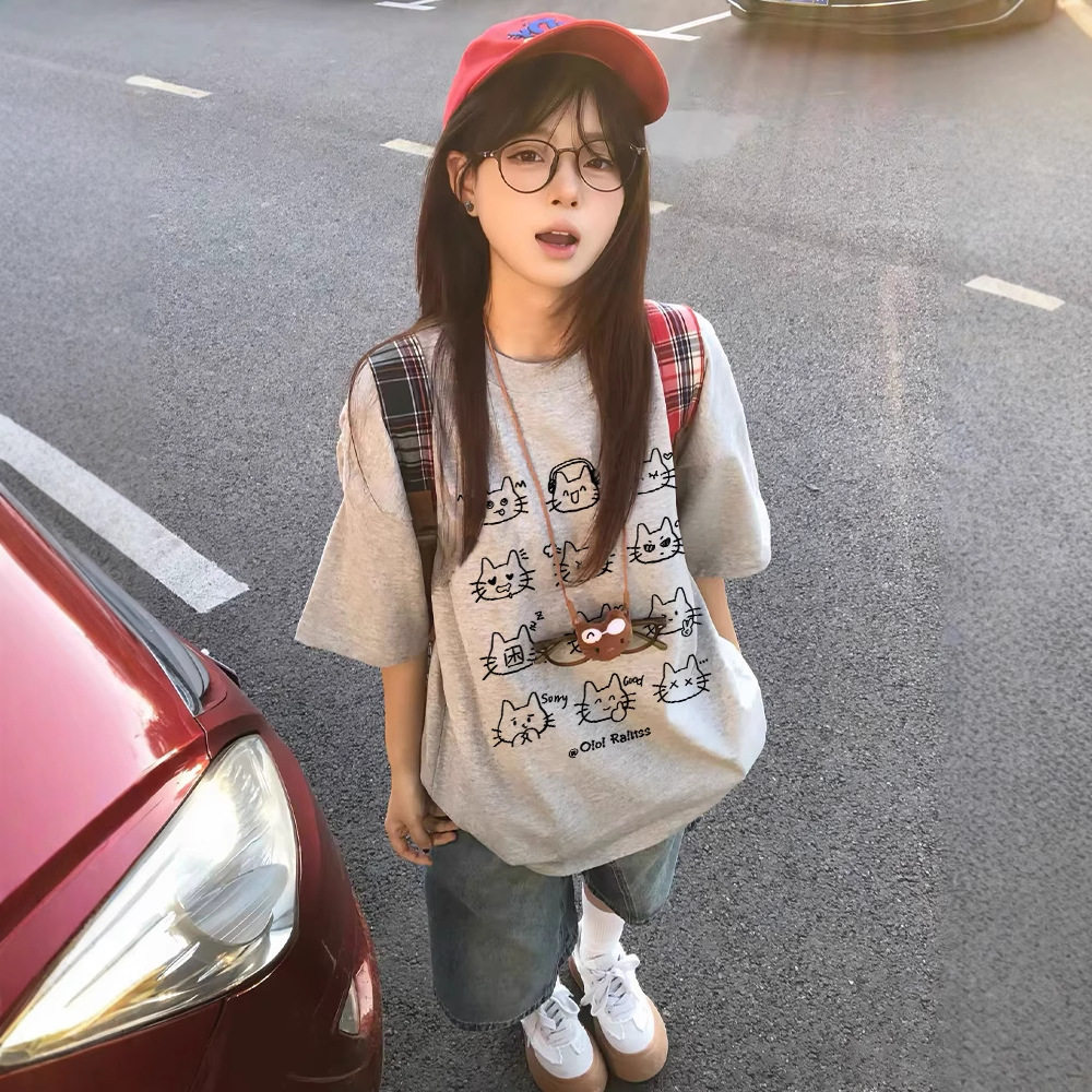KKi灰色设计感小众短袖女款宽松上衣正肩纯棉高级款爆款夏季t恤女