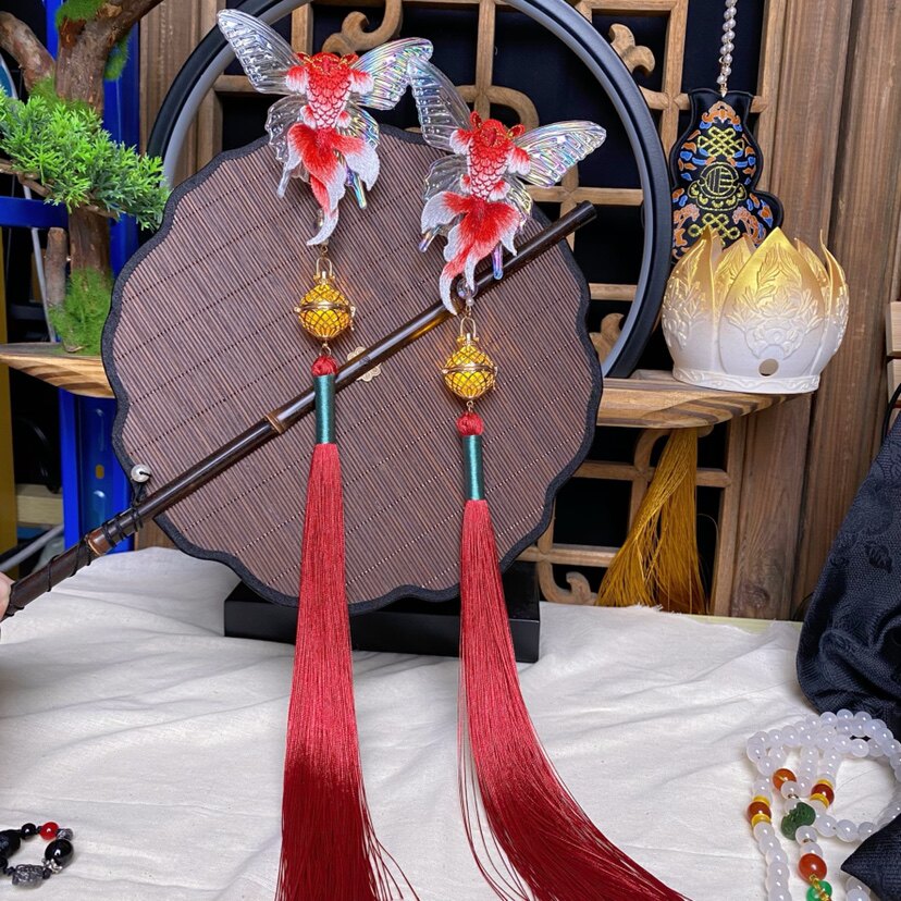 时春居汉服配饰头饰发饰发夹蝴蝶发光发夹一对长流苏