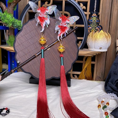 时春居汉服配饰头饰发饰发夹蝴蝶发光发夹一对长流苏