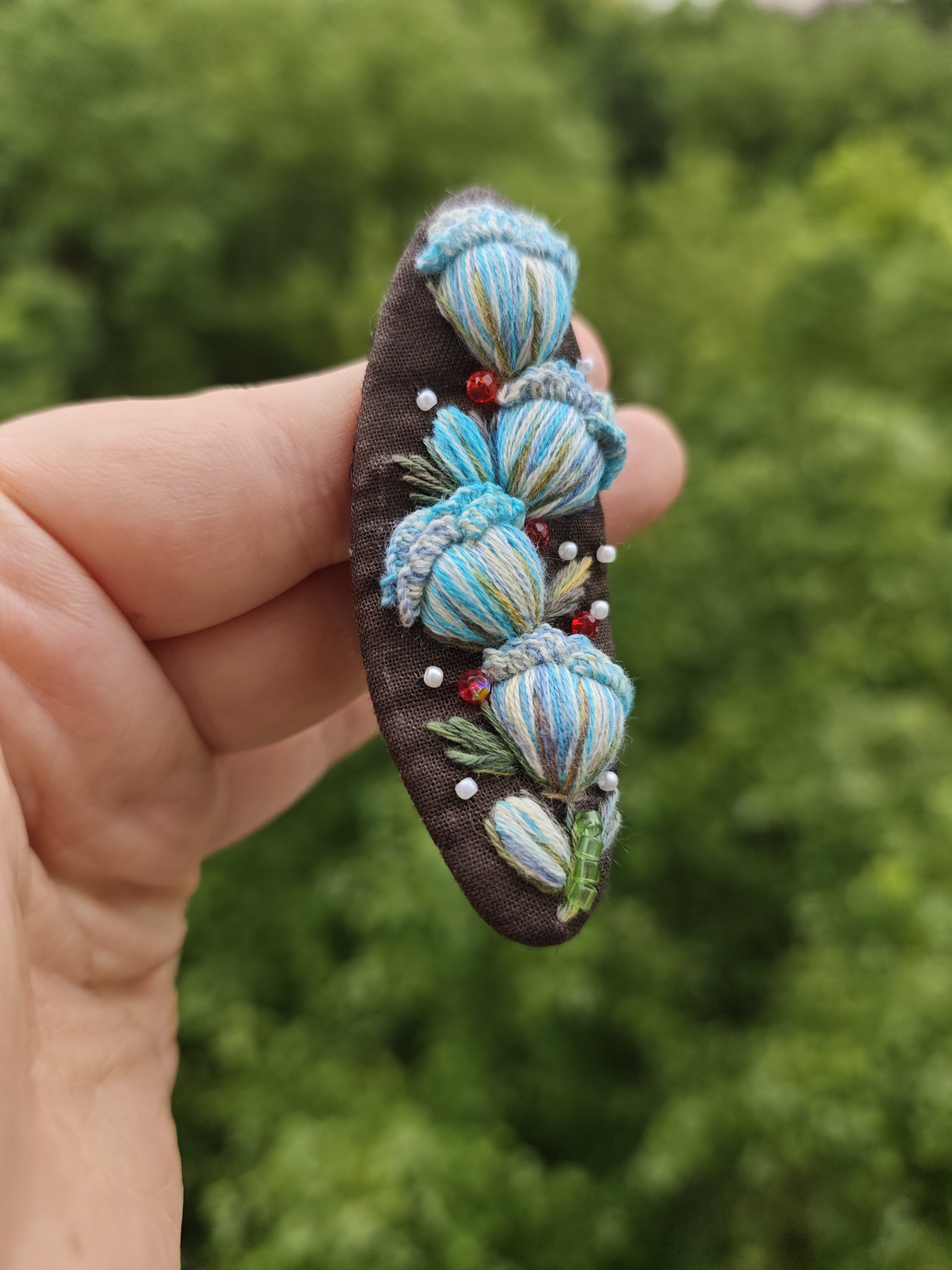 纯手工刺绣蓝色玫瑰花发夹成品绣花发饰