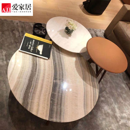 爱家居大理石茶几组合 意式极简套几 客厅设计师圆形茶台 HM09