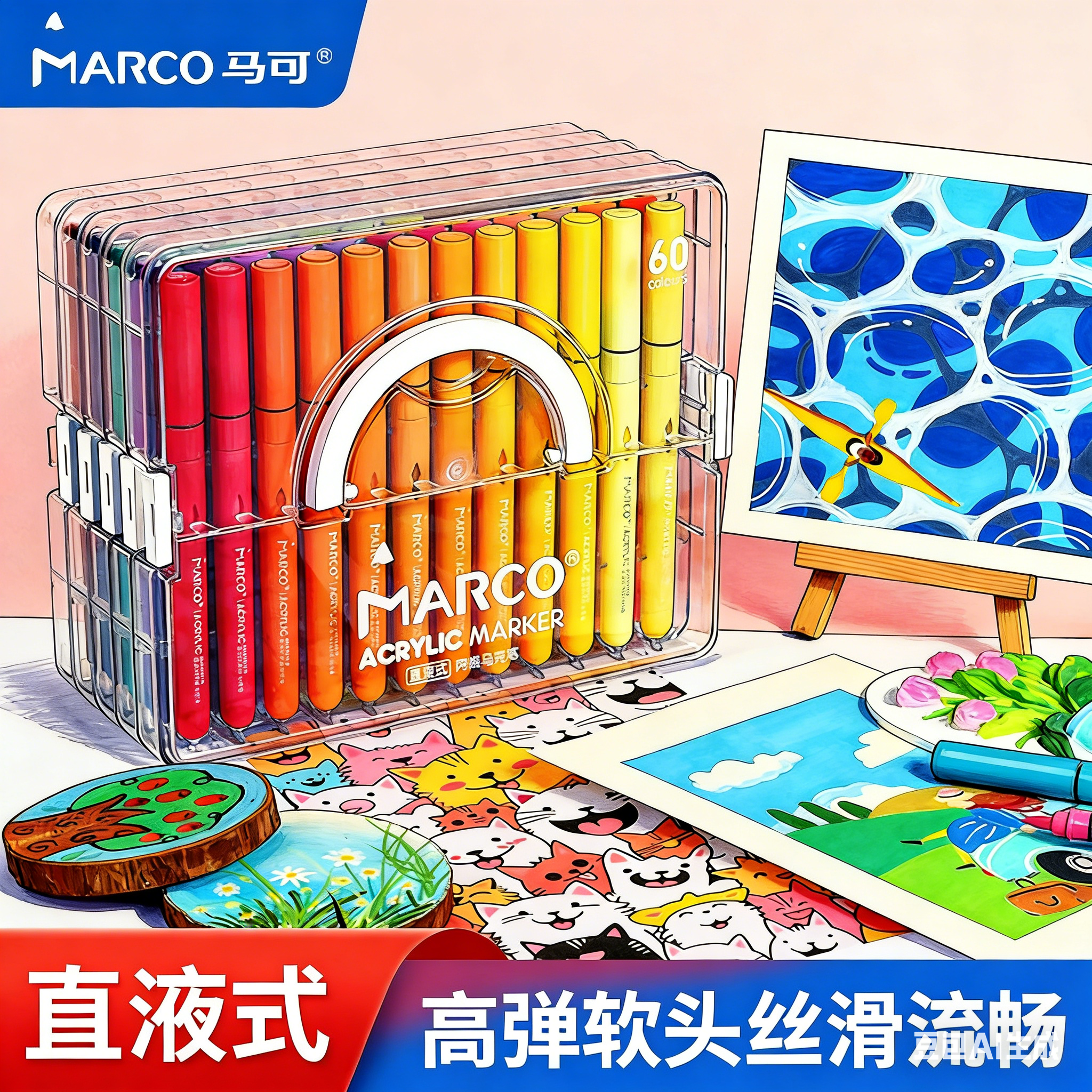 MARCO马可直液式丙烯马克笔软头60色36/24色小学生专用不透色可叠色儿童可水洗水彩笔涂色层叠美术颜料笔画笔