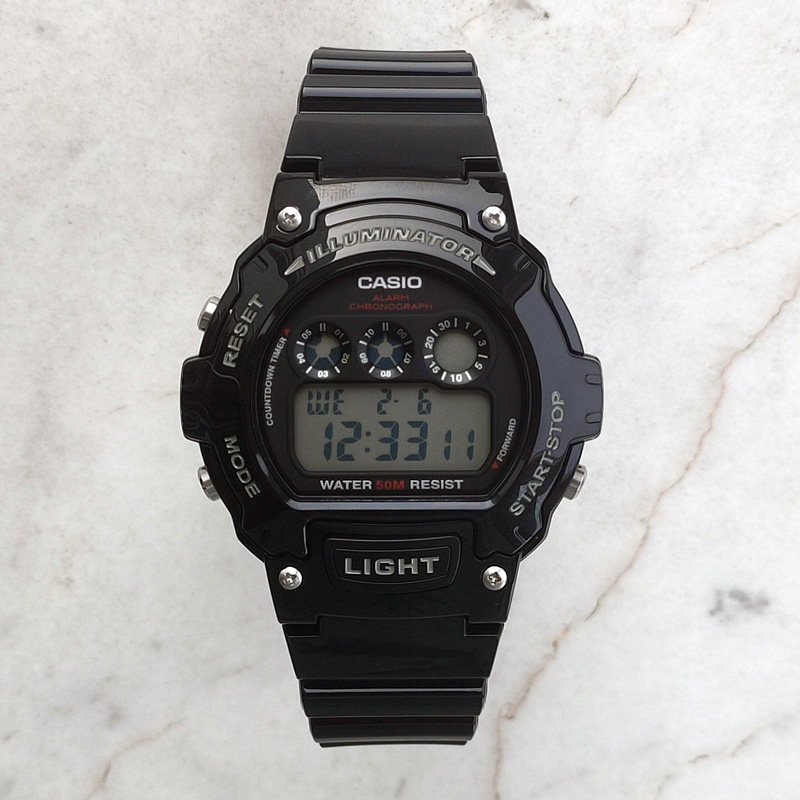 卡西欧手表casio w-214hc-1a学生手表时尚防水经典数字三眼电子表