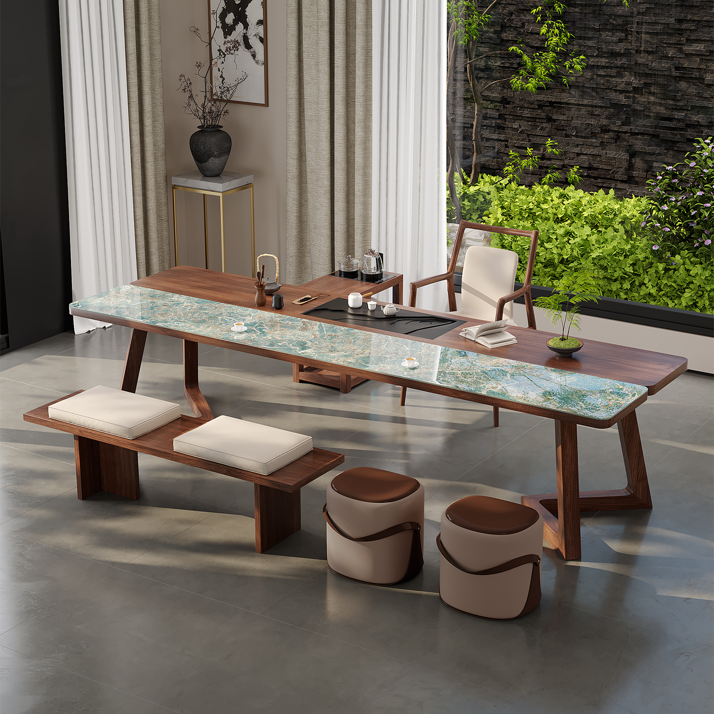 双拼实木岩板设计师泡茶桌椅组合