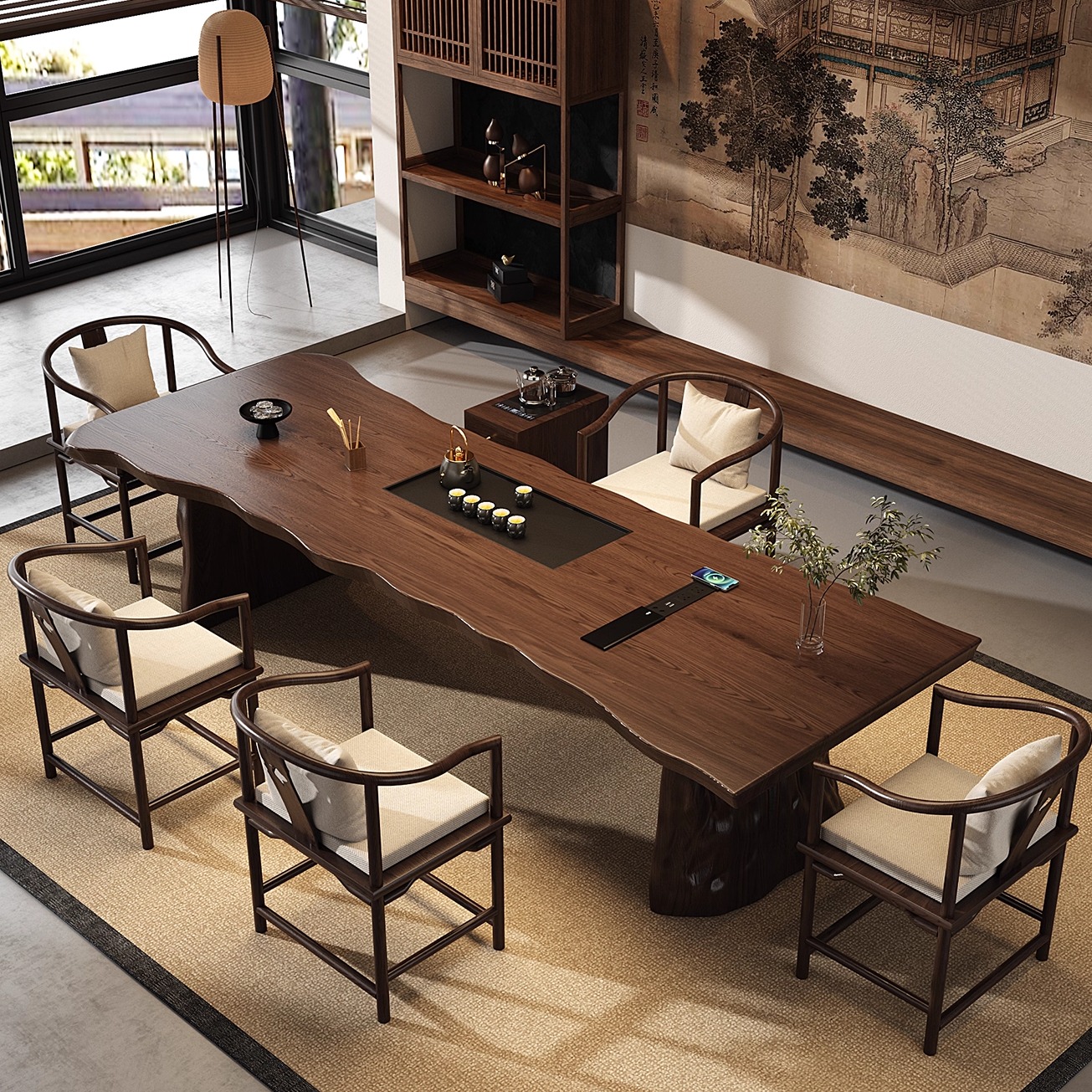 新中式整块原木办公室接待茶台