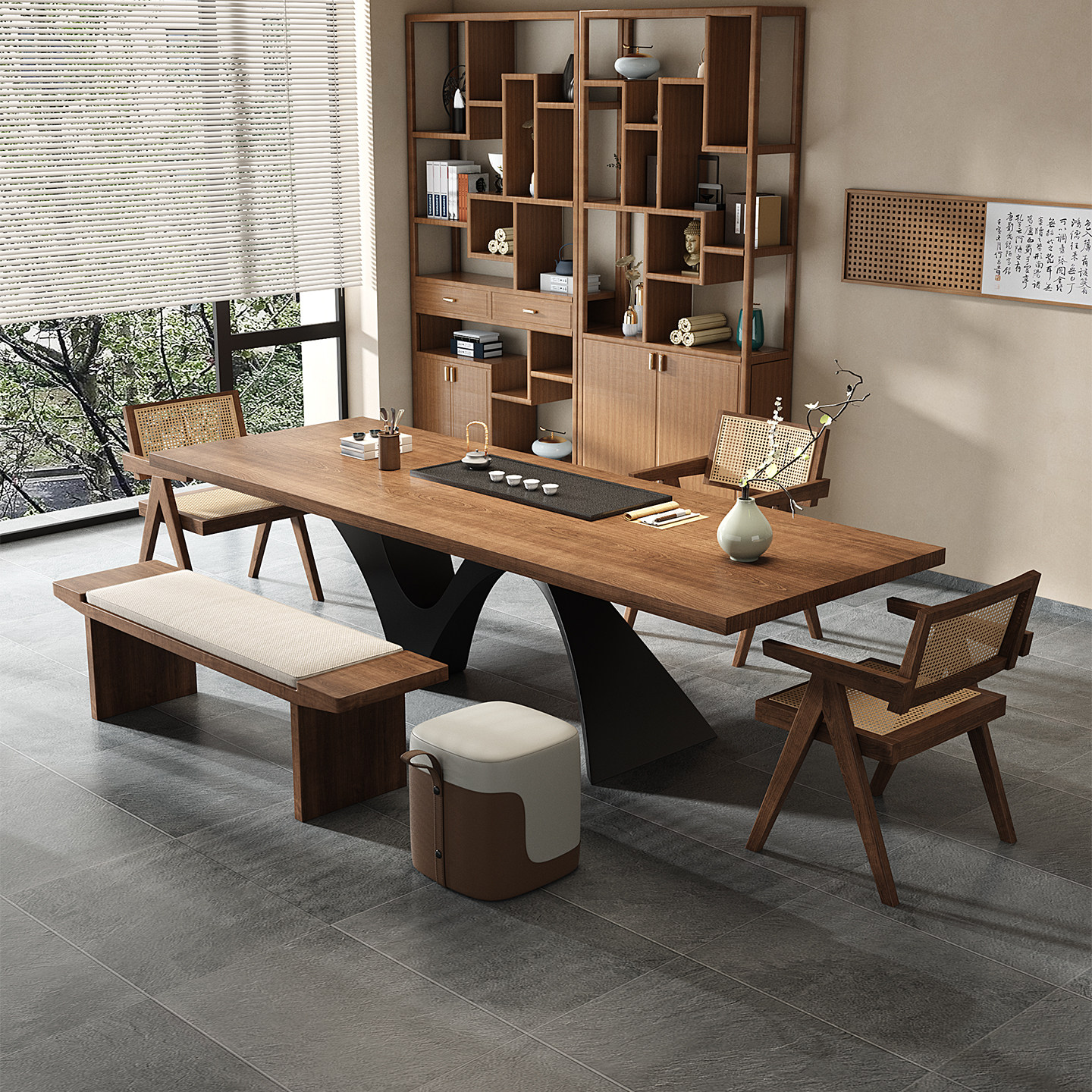 新中式宋代美学实木茶桌办公桌一体两用家用客厅茶台桌椅组合