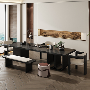 2025新款高端实木茶桌椅组合创意黑色茶台带烧水壶茶盘一体嵌入式