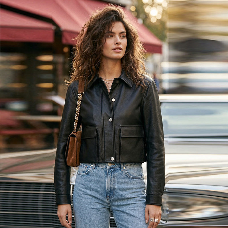 春季新款黑色短款皮衣女真皮夹克高级感小个子修身机车外套极简风
