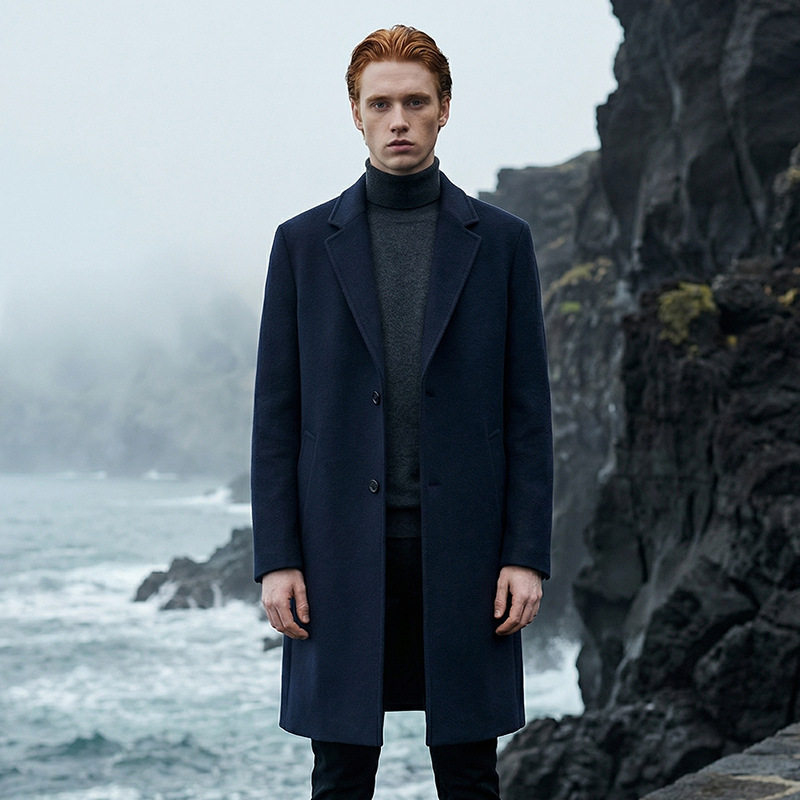 100% 纯羊毛双面呢大衣男秋冬藏青色商务通勤中长款羊毛呢子外套