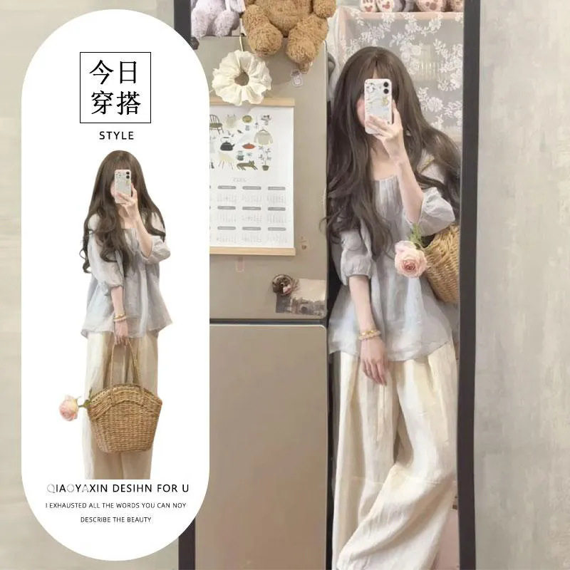 茶里茶气欧若风淡蓝色波点褶皱衬衫女夏季2026新款高腰休闲裤套装
