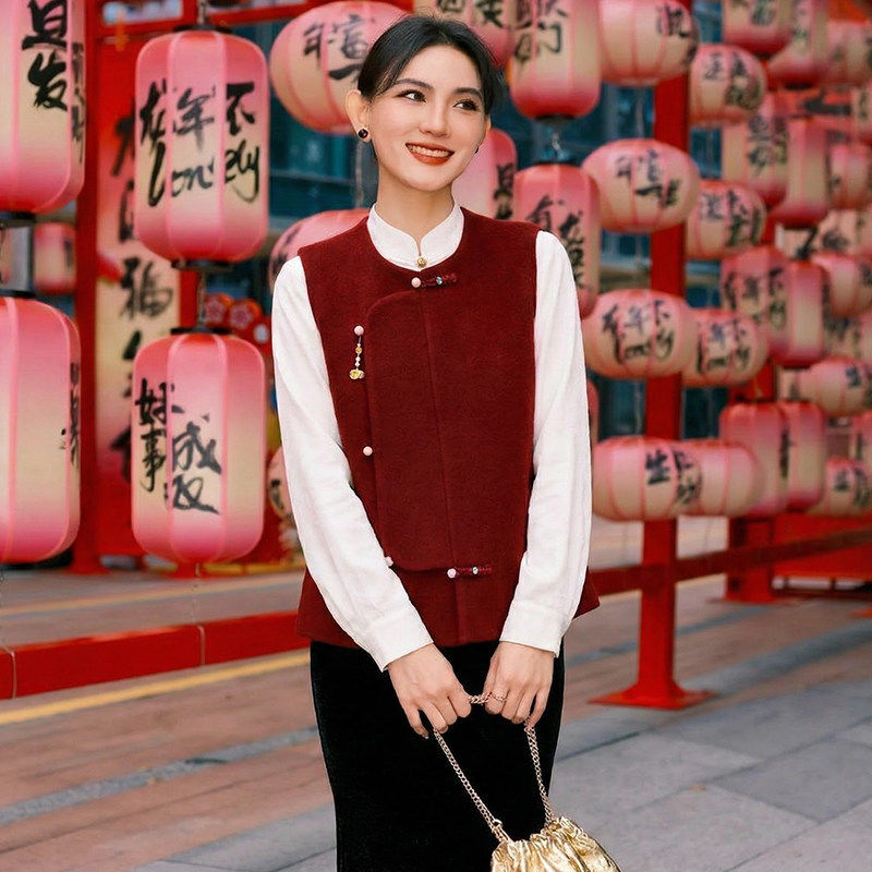 春秋新中式国风复古双面羊毛短款马甲女圆领无袖坎肩毛呢外套红色