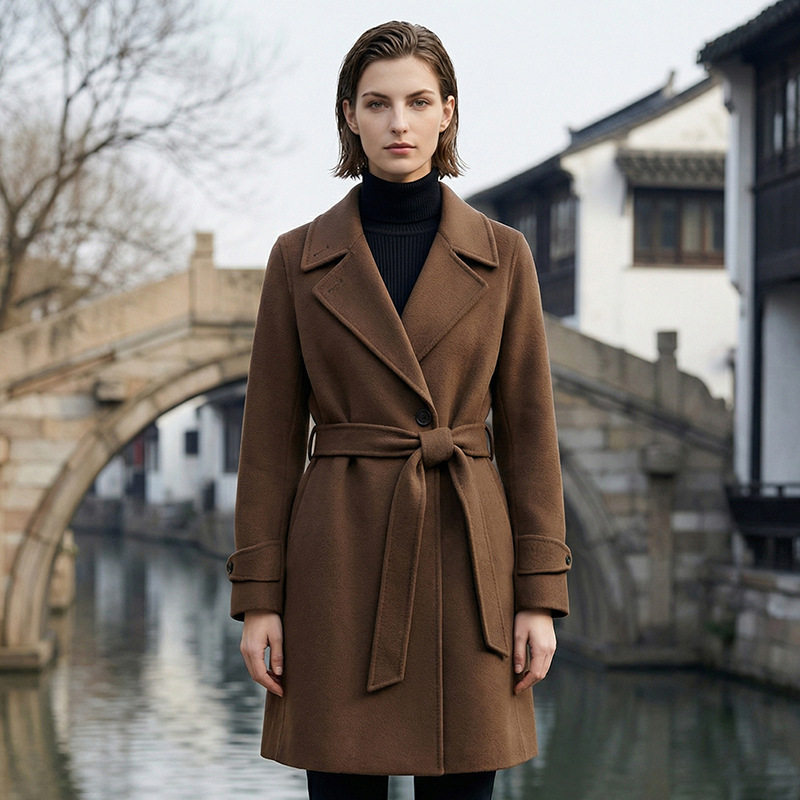 毛呢大衣女秋冬新款高级感通勤系带收腰显瘦中长款羊毛呢子外套