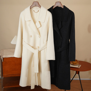 安斐欧娜2025秋冬新款羊驼长顺毛双面呢经典双排扣腰带女羊毛大衣