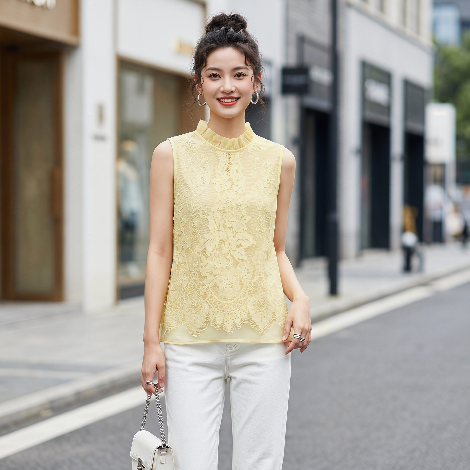 安斐欧娜2026夏季新款半高领蕾丝网纱打底衫衬衫上衣背心女6087